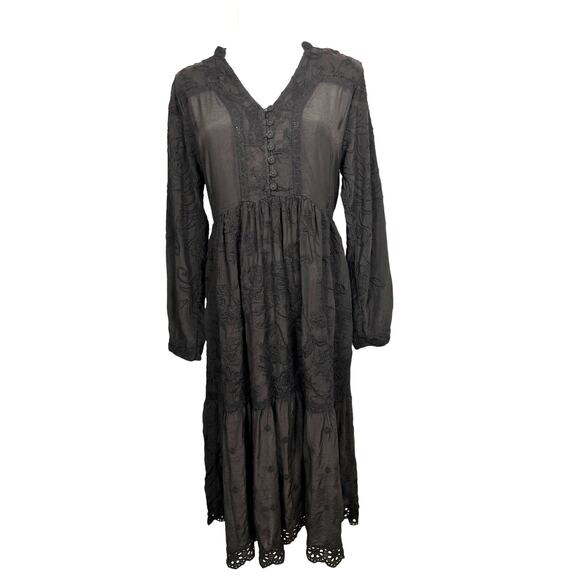 Johnny Was Embroidered Eyelet Midi Dress Size S Black Long Sleeve Ruffle NWOT - Picture 1 of 7